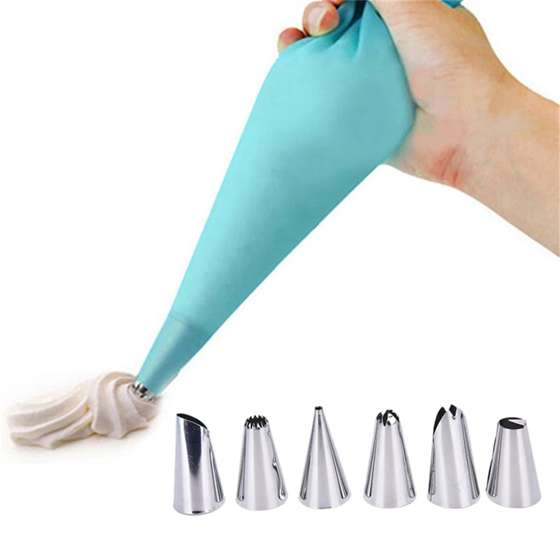 

Silicone Tips Set Kitchen Accessories Icing Piping Cream Pastry Bag + 6 Stainless Steel Nozzle Set DIY Cake Decorating Bake Tool