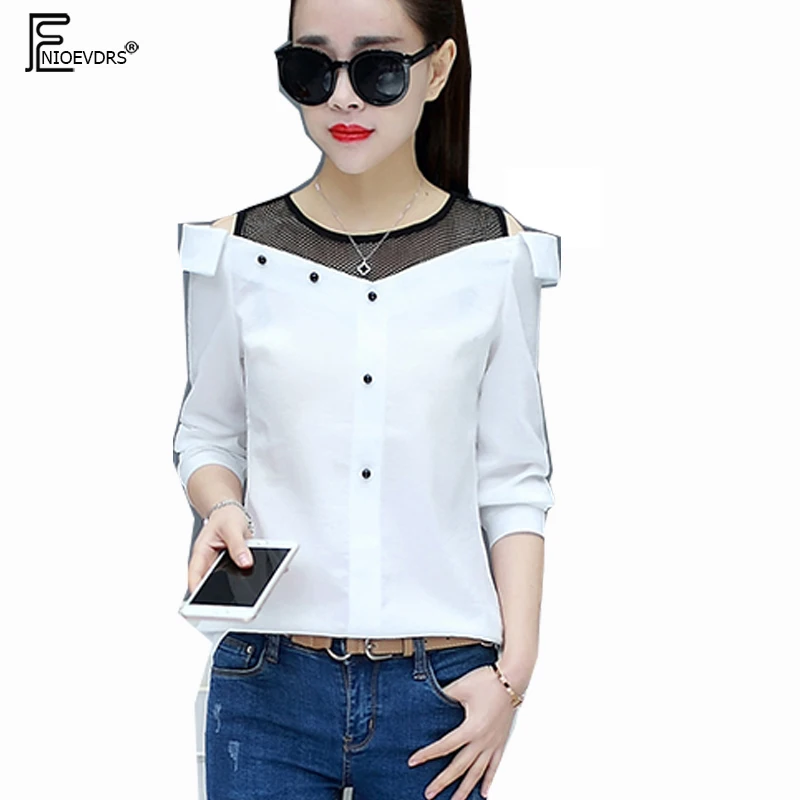 

White Pink Yellow Tops New Hot Sales Women Blouse Cute Sweet Button Patchwork Hollow Out Black Mesh Off Shoulder Stripe Shirts