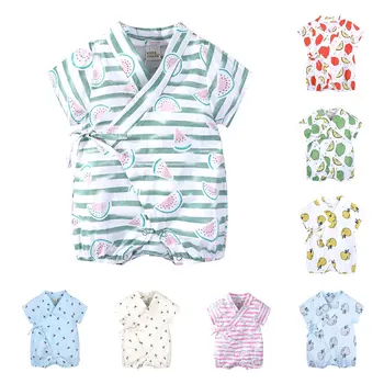 

2019 Spring Newborn Infant Baby Boys Girls Rompers Short Sleeve thin Overall Print Fruits Babywear 100% Cotton Japanese Kimono