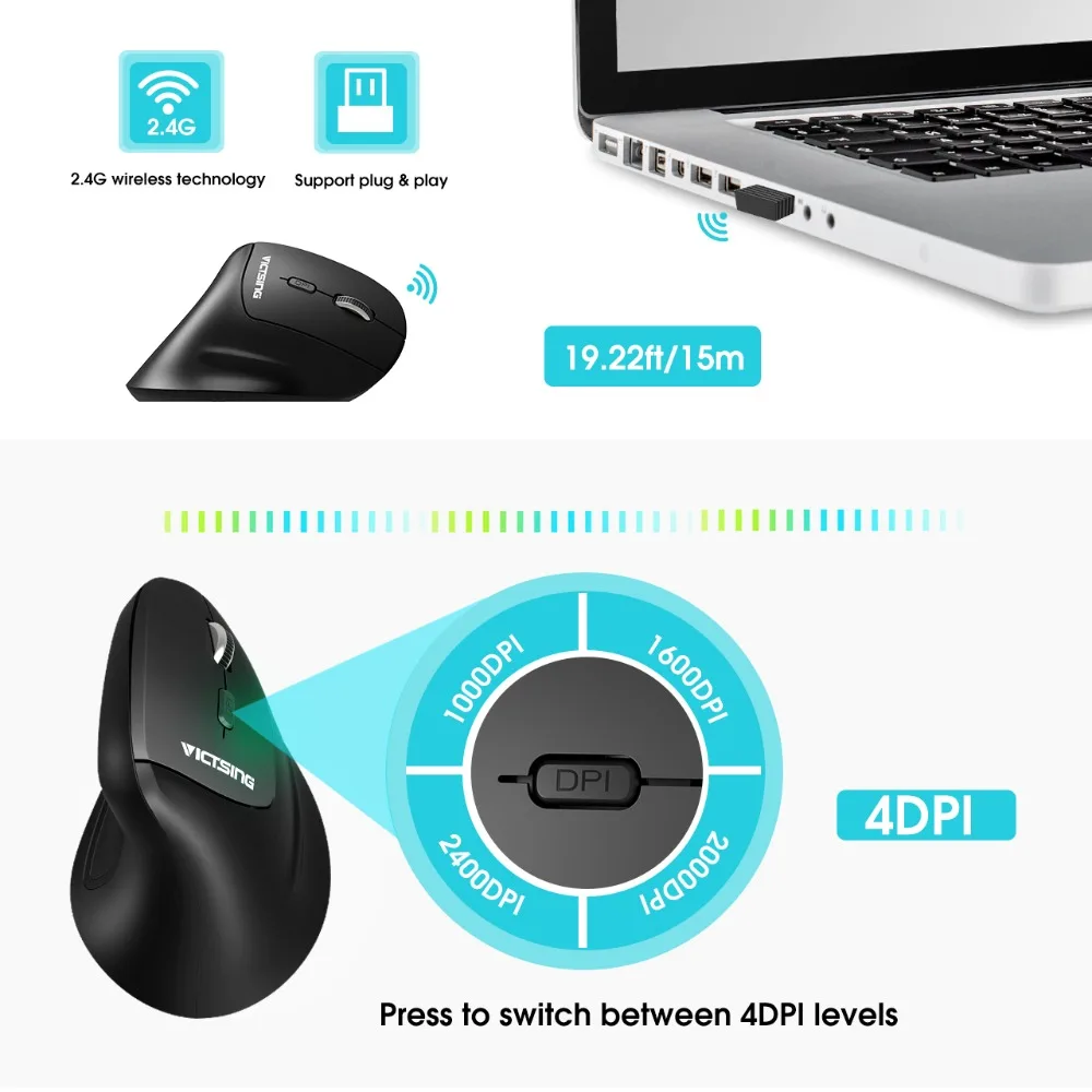 VicTsing 2.4G Wireless Mouse High Precision Optical Gaming Mouse Vertical Ergonomic Mouse 6 Buttons for PC/Desktop/Laptop/Mac