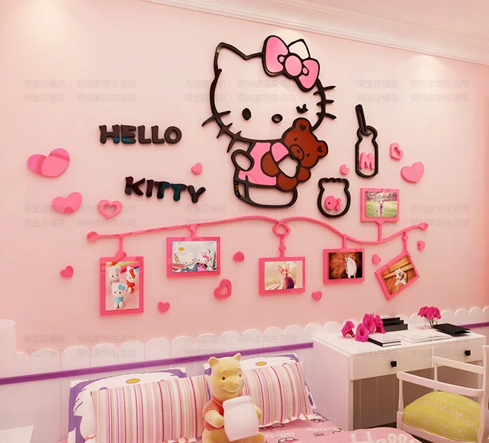 cute cartoon hello kitty acrylic wall sticker kids girls room decor