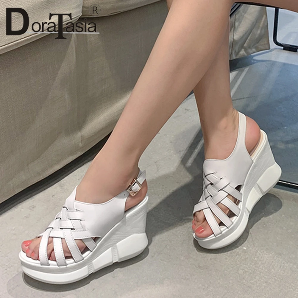 

DORATASIA Brand New women's Genuine Leather Ladies Wedges High Heels Flat Platform Shoes Woman Casual Office Summer Sandals