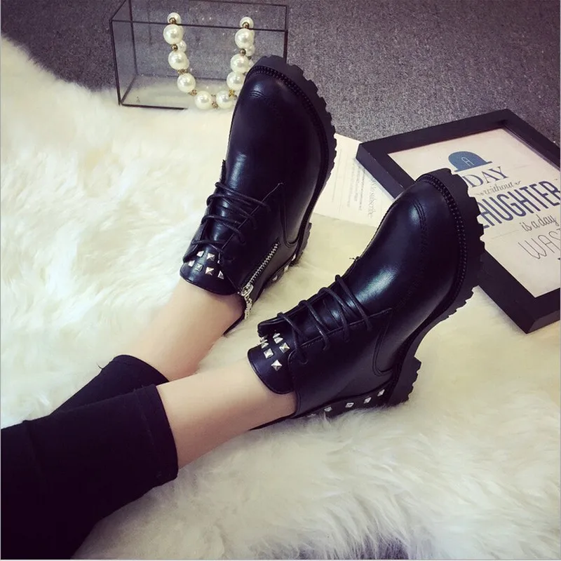 Botines 2016 Nuevas Mujeres de La Manera de La Pu de Cuero Remache Cremallera Botas Para la Nieve Zapatos Calientes Negro Vino Tinto|warm shoes|ankle boots boots - AliExpress