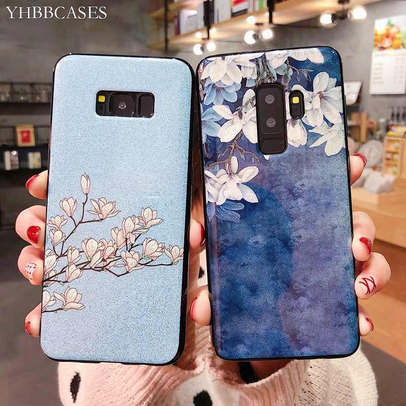 

YHBBCASES For Samsung Galaxy S10 5G S8 S9 Plus Retro Flowers Phone Cover For Samsung Note 10 8 9 Fashion Glitter powders Cases