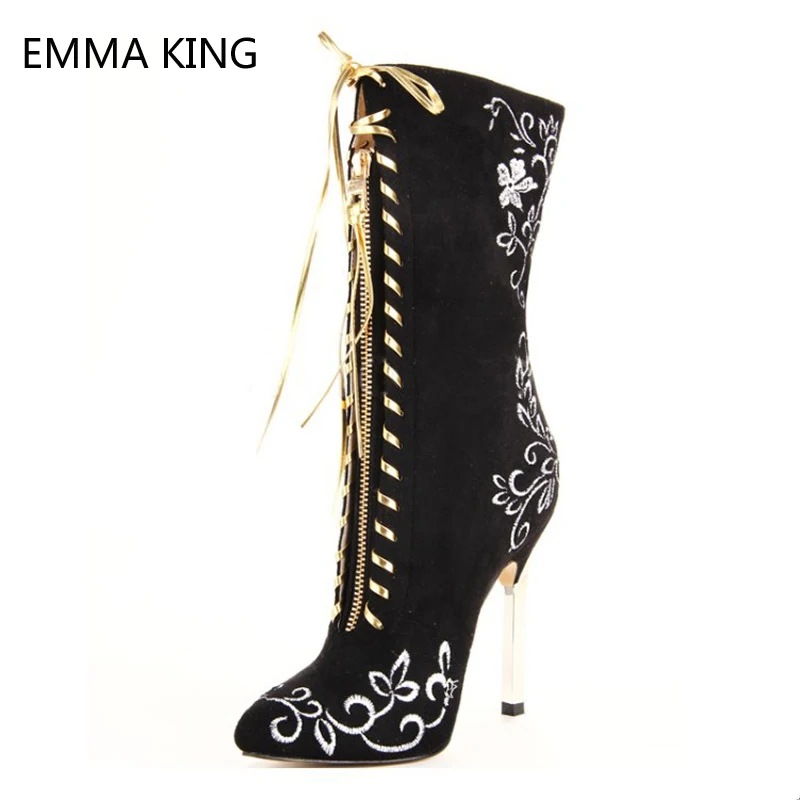 

Fashion Embroidered Boots Women Black Lace Up Shoes 11cm Elegant Stiletto High Heels Pointed Ankle Boots For Women Large Size