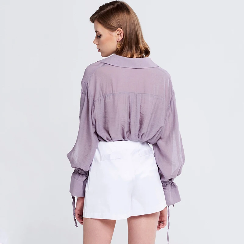  HDY Haoduoyi Apparel Solid Purple Sweet Women Shirts Turn-down Collar Full Sleeve Split Lace-up Bel
