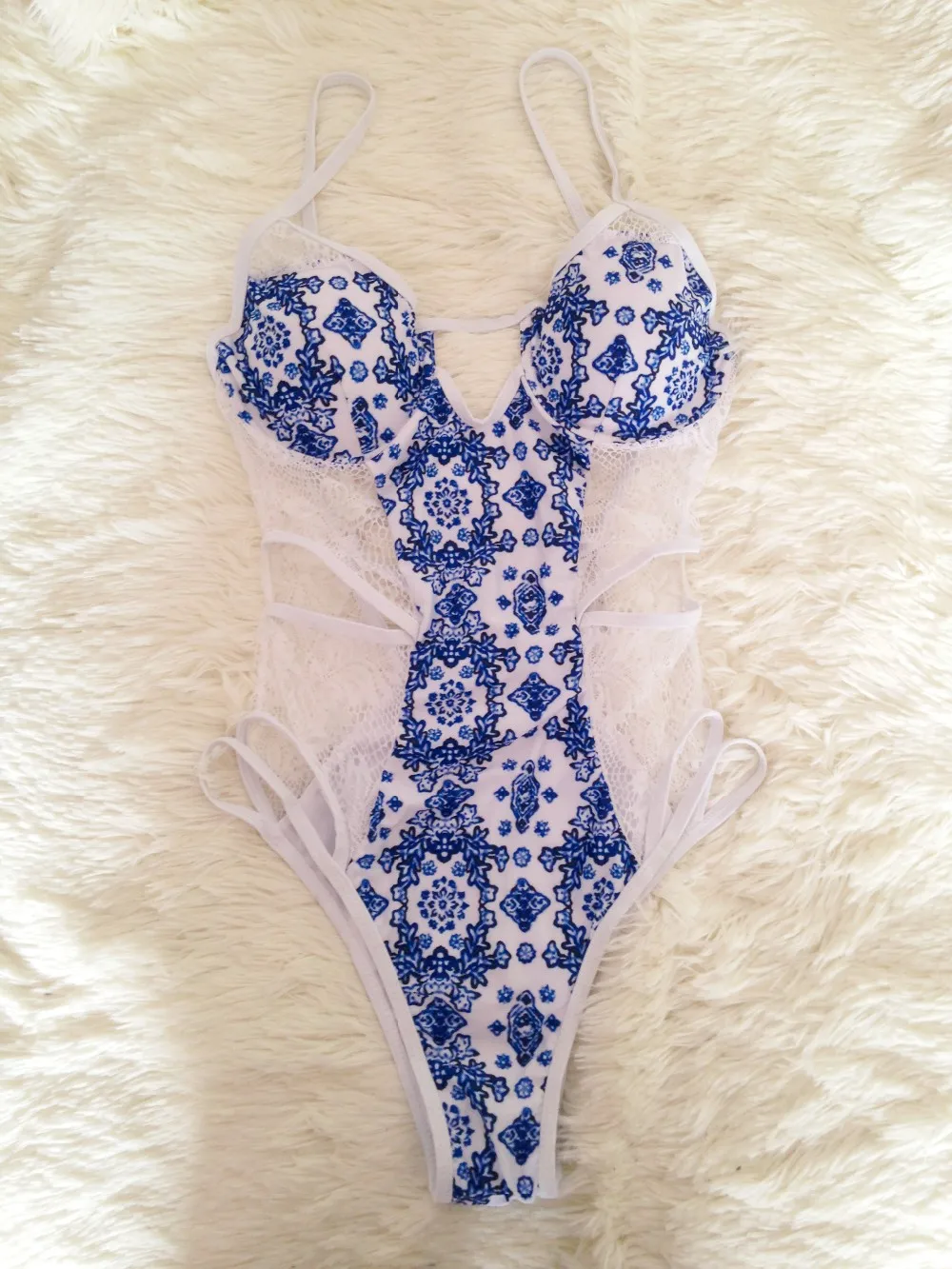 Плюс размер синий купальник с цветочным принтом 2018 сексуальный белый кружевной