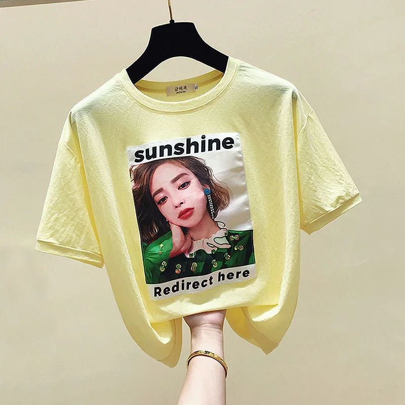 

2019 new korean fashion T-shirt women's plus size haut femme summer T-shirt modis poleras mujer women clothes Beading Diamond
