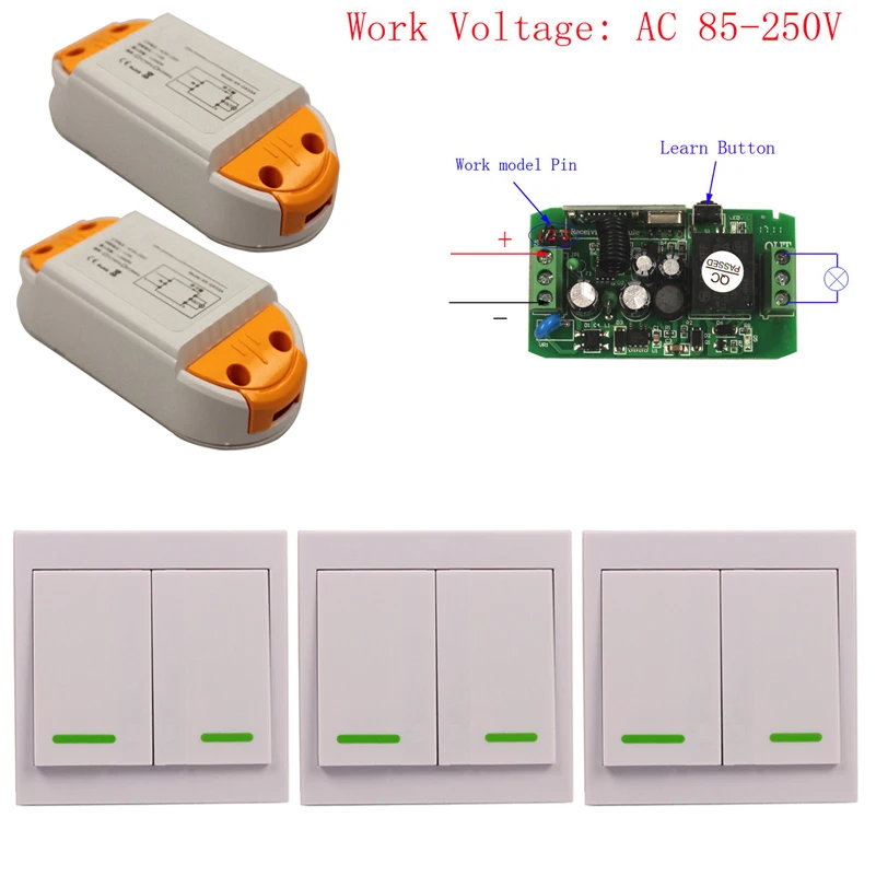 110V 220V 85-250V 2-Key Wall Panel Control Wireless Lights Switch Receiver Relay-3
