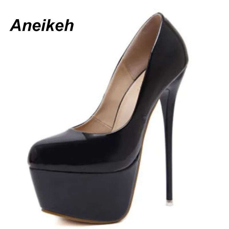 Aneikeh/ г. Весенние женские пикантные туфли-лодочки на платформе и очень высоком каблуке 16 см Женская обувь на шпильке слипоны, размер 34-40, 258-90 - Цвет: Black