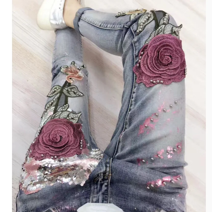 Europe Style Jeans Women Slimming Boyfriend Trousers Slim Rose Embroidery Gold Fashion Sequins Spring and Autumn Denim Pants Europe Style Jeans Women Slimming Boyfriend Trousers Slim Rose Embroidery Gold Fashion Sequins Spring and Autumn Denim Pants