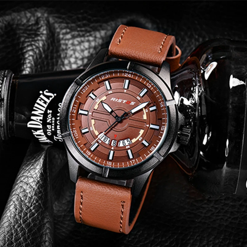 

RISTOS Genuine Leather Wristwatch Shock Mens Sport Watch Male Army Calendar Waterproof Quartz Watch Reloj Masculino Montre Femme