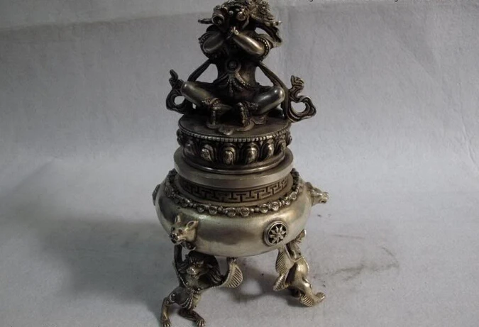 

Collectible bronze lion statue S0631 8.5 Tibet Buddhism bronze silver Simhamukha foo dog 3 Leg censer incense burner B0403