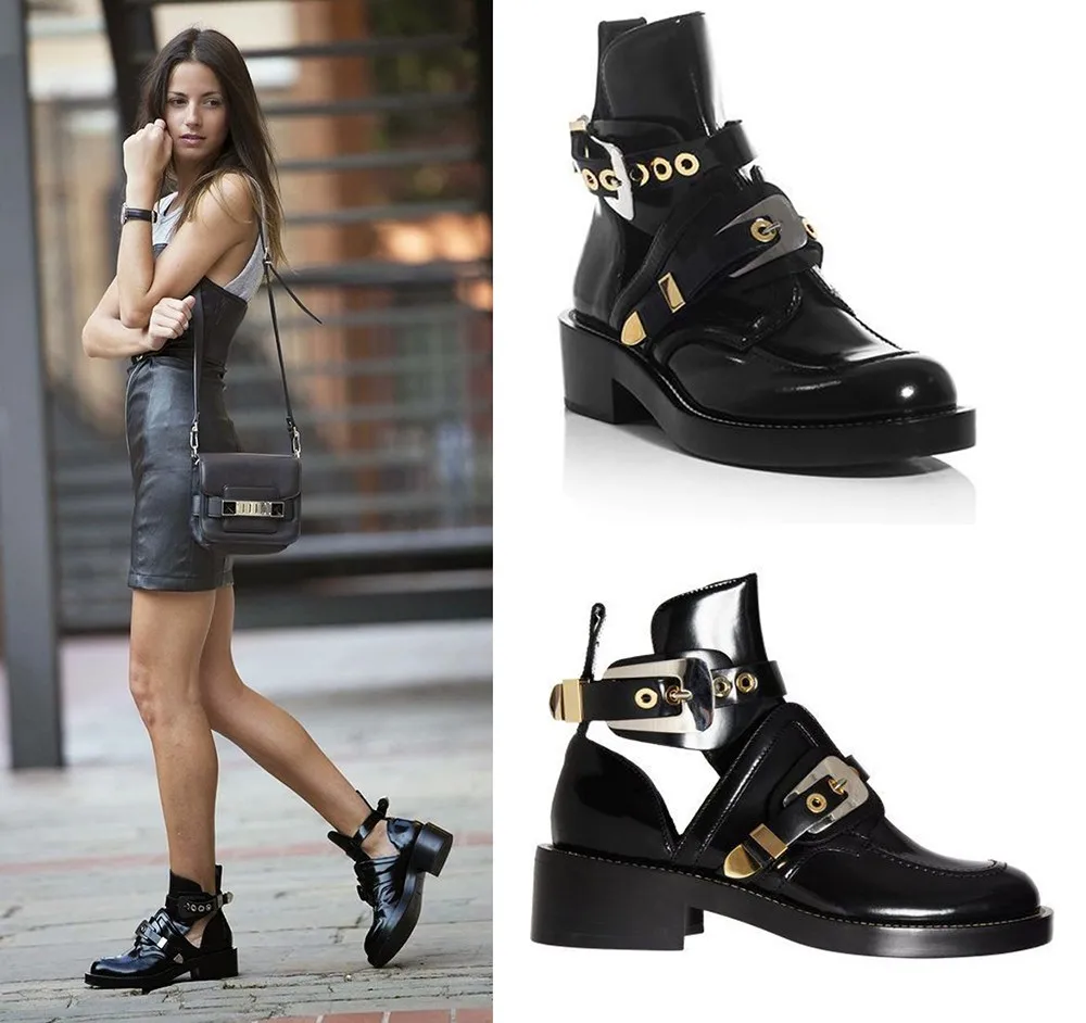 Femmes Marque Découpe Boucle Moto Chaussures Chaussons Noir Cheville Arrivée Gladiateur Nouvelle D'équitation Bottes Boot Appartements 2017 8qEvxv