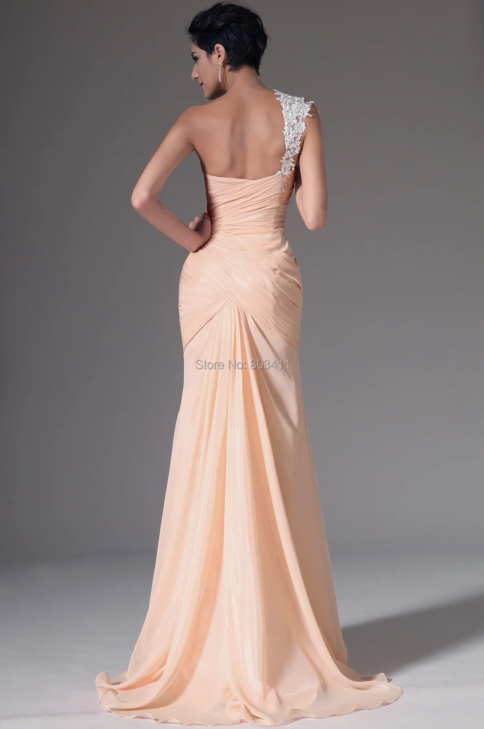 long sleeve evening dresses New One-Shoulder Chiffon Evening Gowns with White Applique long evening gowns