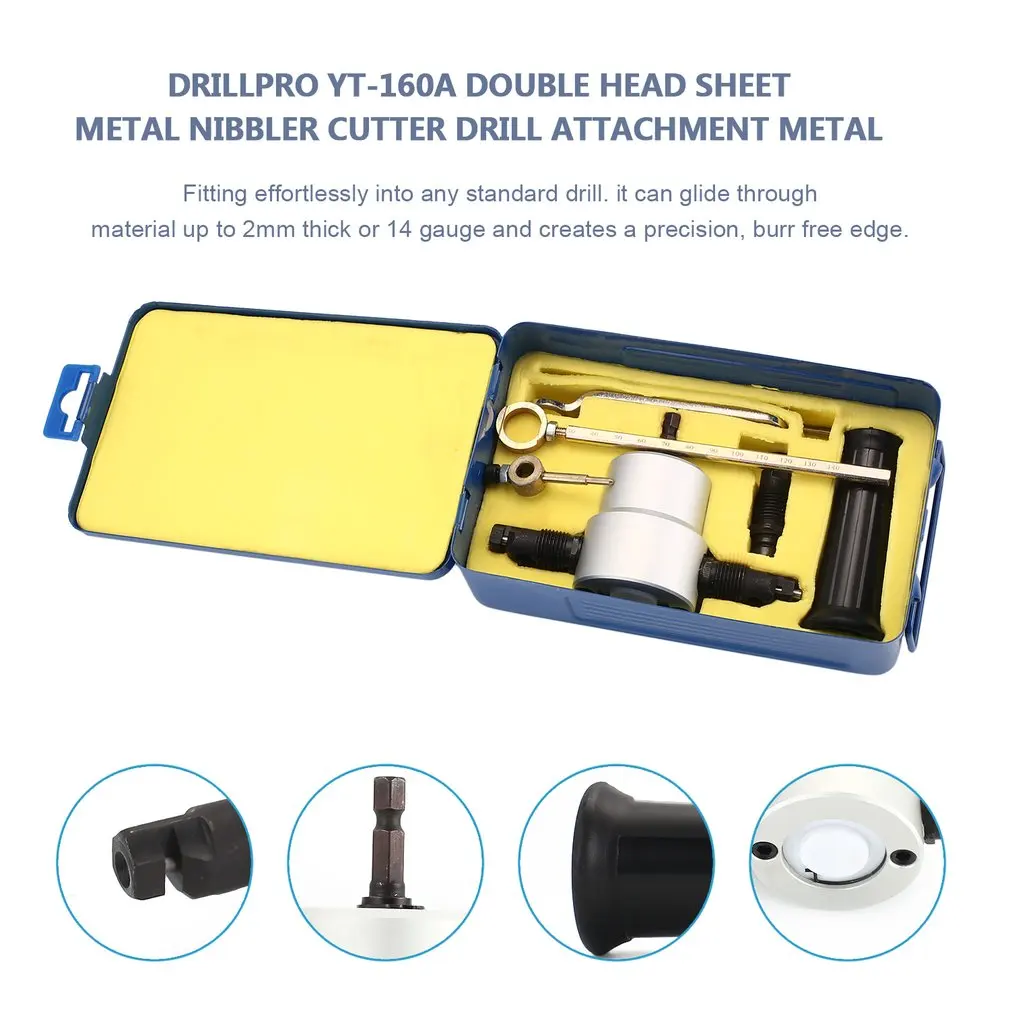 

Drillpro YT-160A Double Head Sheet Metal Nibbler Cutter Drill Attachment Metal Drill Attachment Kit with Wrench and Parts