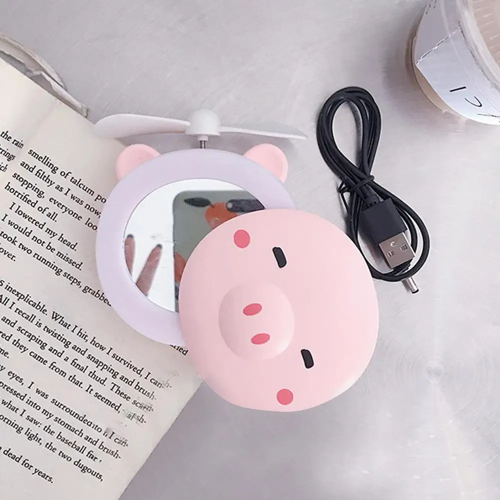 HobbyLane 1pcs Portable LED Cartoon Pig Fill Light Makeup Mirror Fan Bright Adjustable USB Charging Portable Handheld Mini Fan - Цвет: Closed eyes