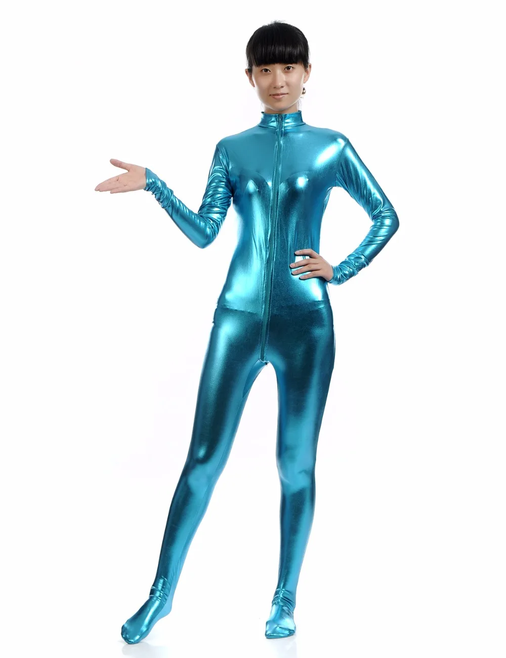 

Women Turquoise Zentai Suit Crotch Zipper Shiny Footed Turtleneck Unitard Metallic Catsuits Dancewear Spandex Bodysuit Headless