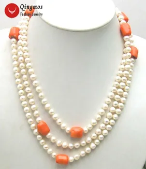 

Qingmos Natural Freshwater White Pearl Necklace for Women with 6-7mm Round Pearl Long Necklace & Baroque Pink Coral Necklace