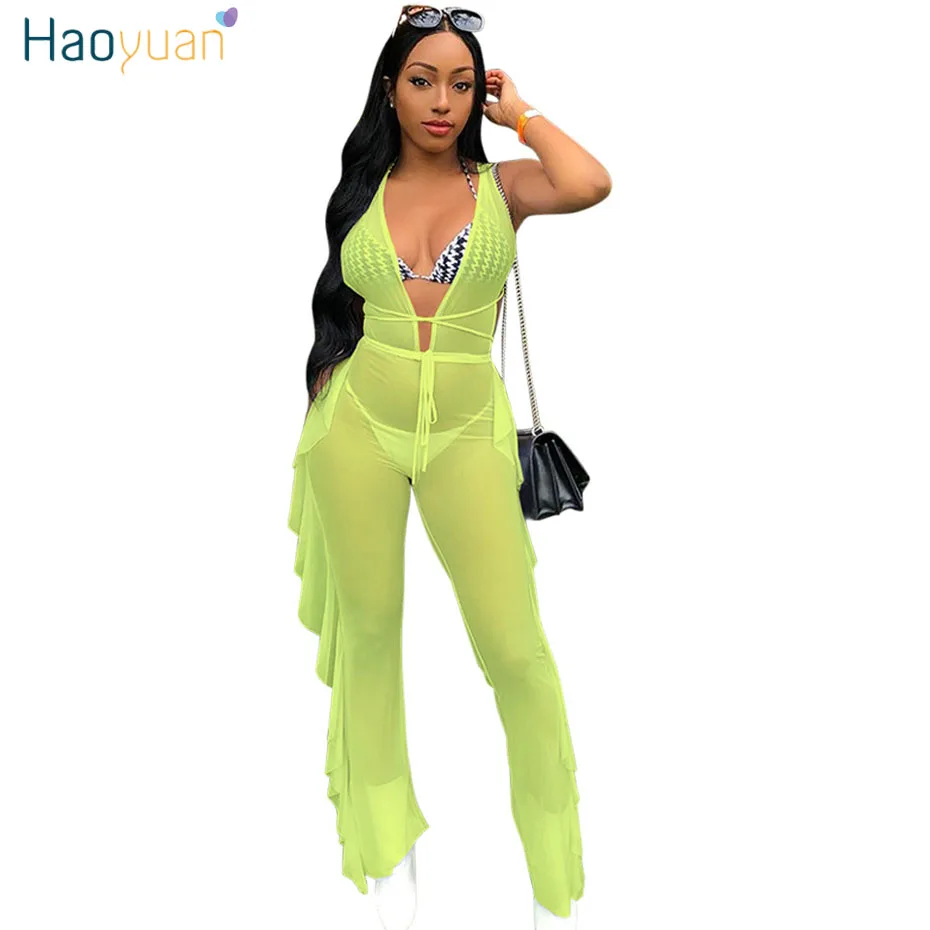

HAOYUAN Neon Green Mesh Sheer Sexy Rompers Womens Jumpsuit Summer Backless One Piece Body Overalls Side Ruffle Bodycon Jumpsuit