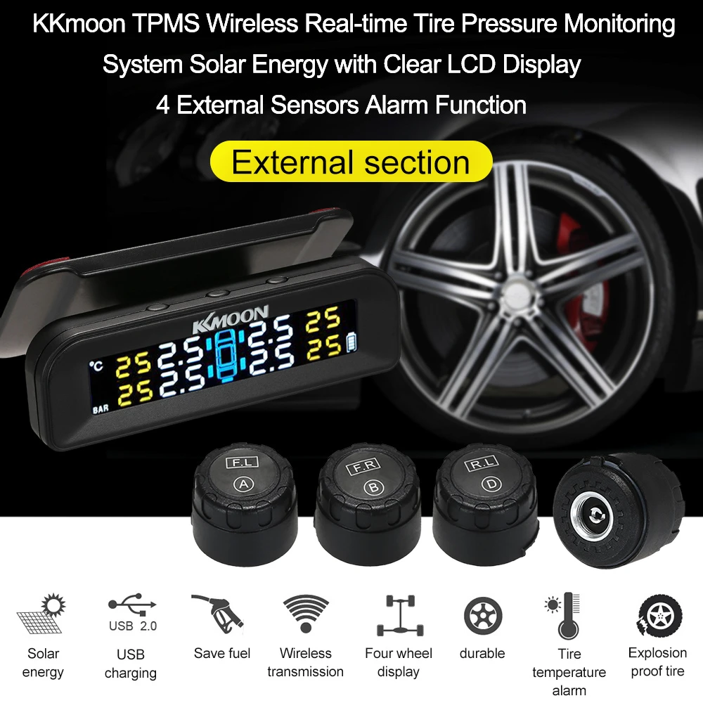4 Sensor Solar Wireless TPMS Car Tire Tyre Pressure Monitoring System Windshield