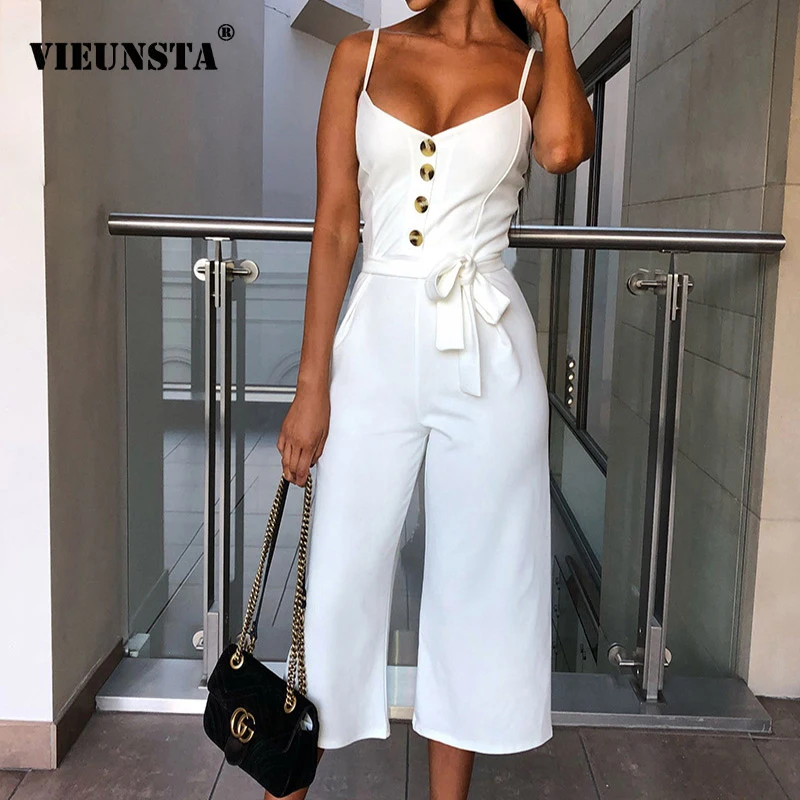 

VIEUNSTA Sexy V-neck Bow Lace Up Women Jumpsuit Romper Summer Sleeveless Button Overalls Elegant Ladies Spaghetti Strap Playsuit