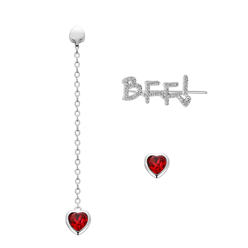 

LEKANI 2019 New Unique 925 Sterling Silver Asymmetric long Chain Red Love Heart Crystals from Swarovski Stud Earring for Women