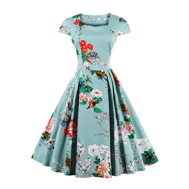 Floral Print Light Green 1950s Vintage Dress Square Neck 2018 Summer
