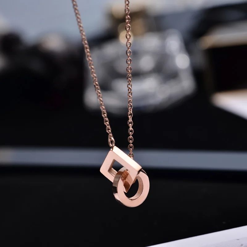 

YUN RUO Double Circle Pendant Necklace Rose Gold Color Fashion Stainless Steel Woman Jewelry Gift High Polish Not Fade Dropship