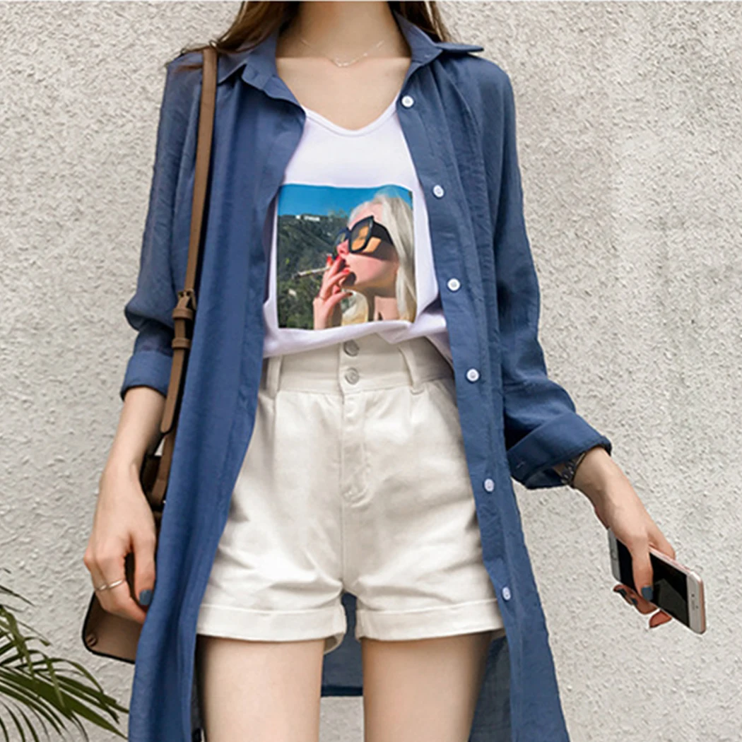 

Women Kimono Cardigan Korean Style Long Shirt Summer Long Sleeve Loose Chiffon Blouse Tops Plus Size Lapel Solid Ladies Shirts