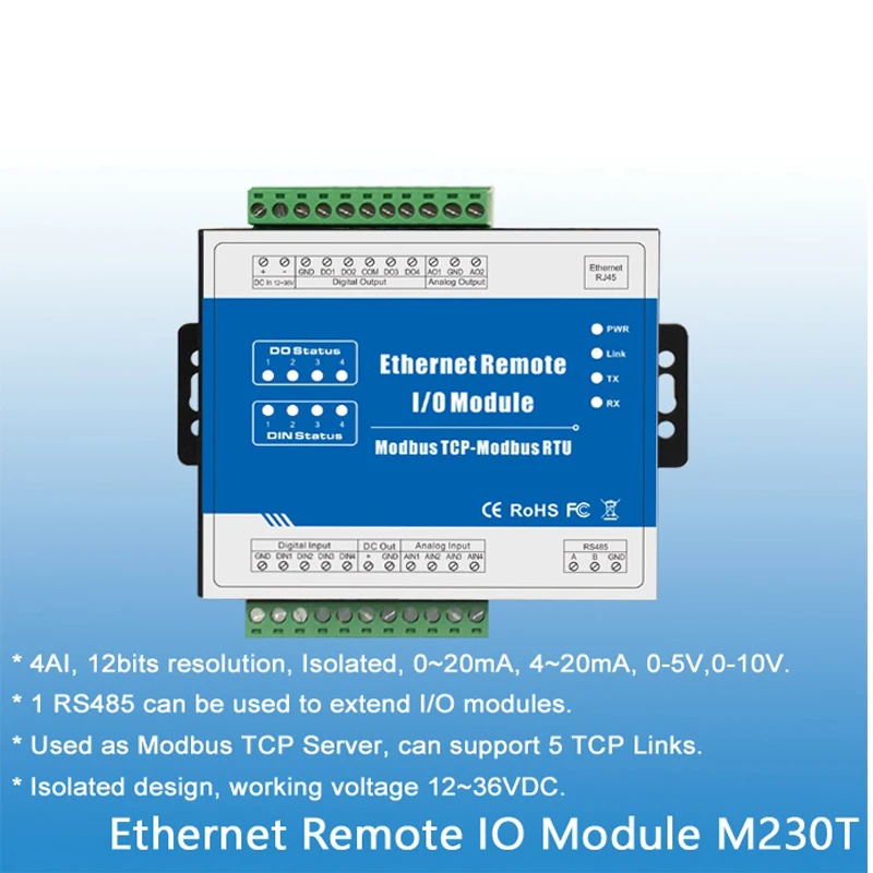 

Modbus TCP Ethernet Remote I/O Module 4 Analog Input Data Acquisition 1 RS485 can extend IO modules 12-36 V