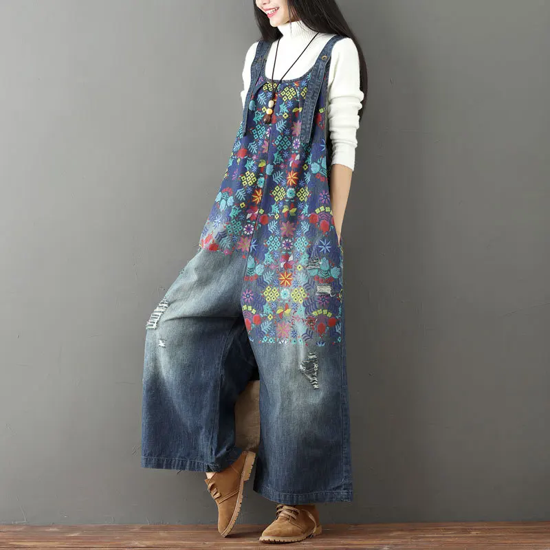 Mori Girl, богемные винтажные Ретро милые свободные шаровары, панталоны с цветочным принтом, джинсовые хлопковые джинсы, широкие штаны для женщин, брюки
