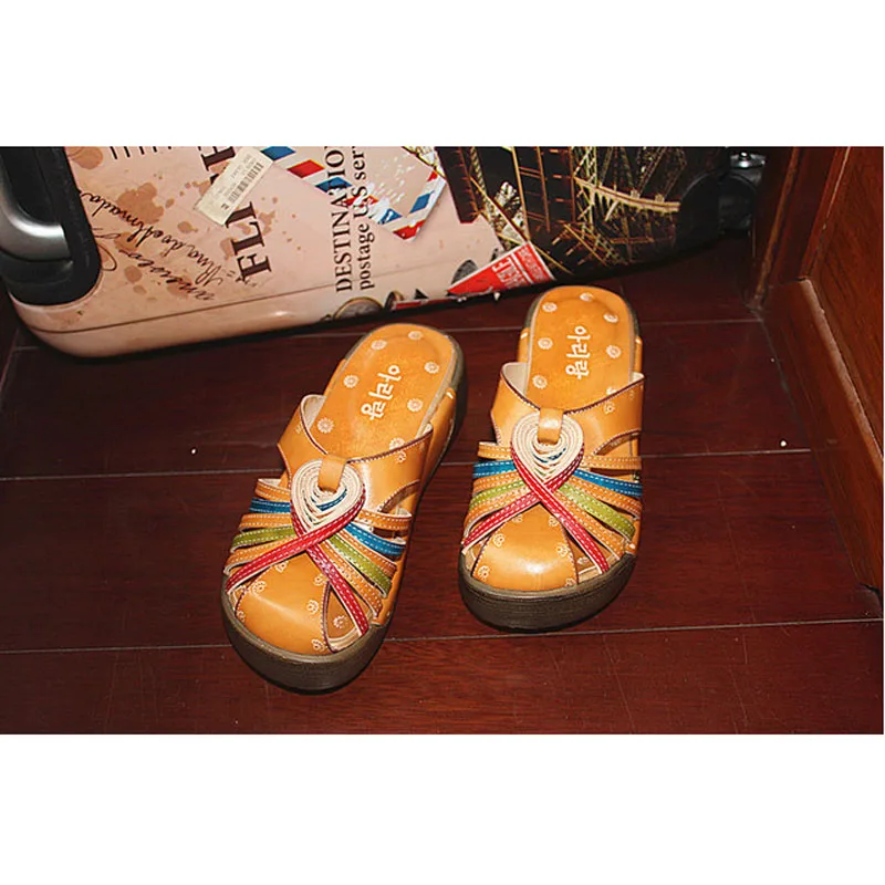 

2019 summer new leather cowhide thick bottom flat sandals national candy color ladies home slippers