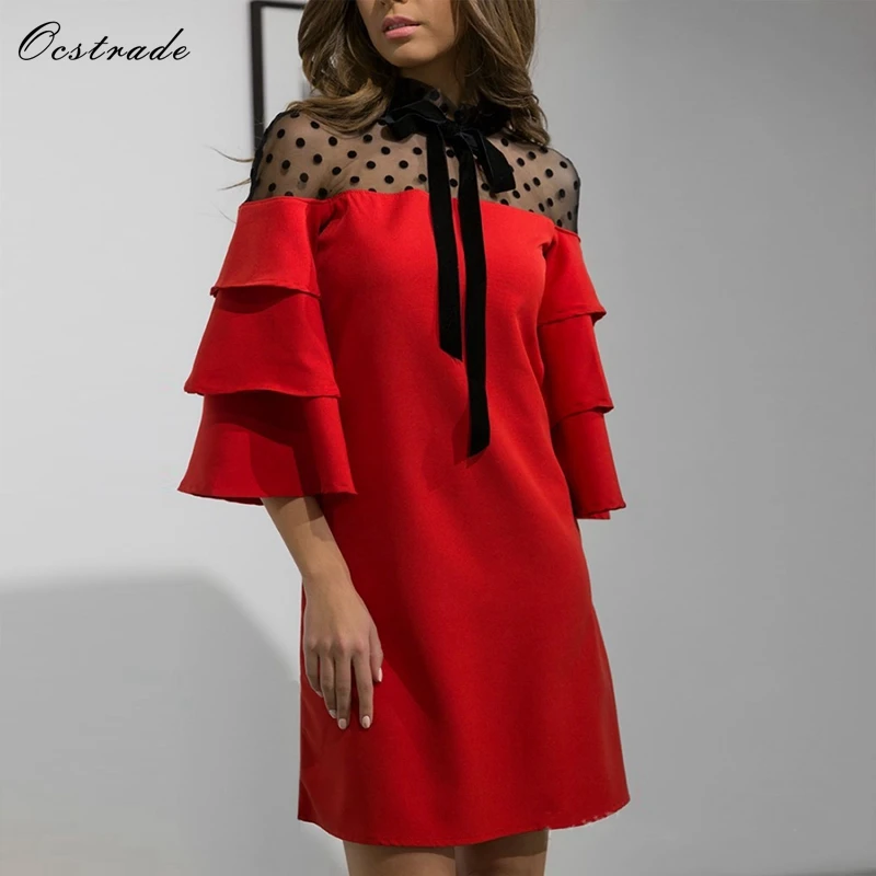 

Ocstrade Vestidos Bandage 2019 New Arrival Women Elegant 3/4 Sleeve Mini Bandage Dress Red Lace Fashion Sexy Bandage Dresses