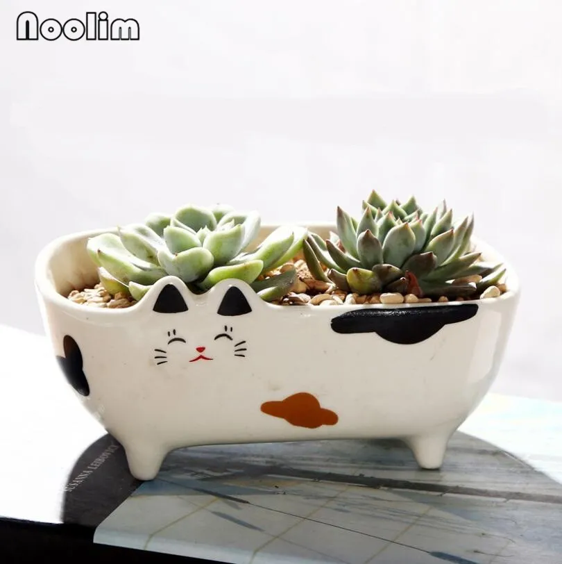 15x8.2x6.8cm NOOLIM цветочный горшок с мультяшным котом Ретро Проницаемый керамический зеленый цветочный горшок для гостиной офиса украшения сада - Цвет: 15x8.2x6.8cm