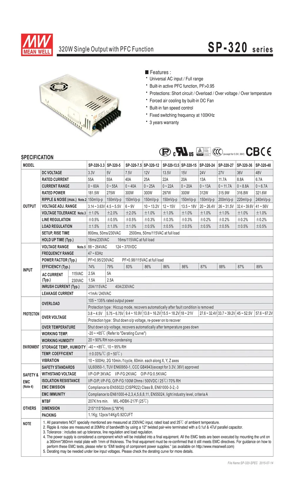 275 Вт 55A 5 в импульсный источник питания Meanwell SP-320-5 с PFC Функция 3 года гарантии