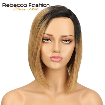

Rebecca Left L Part Human Hair Lace Wigs For Women Brazilian Remy Straight Hair Short Bob Wig Brown Blue Mix Color Free Shipping