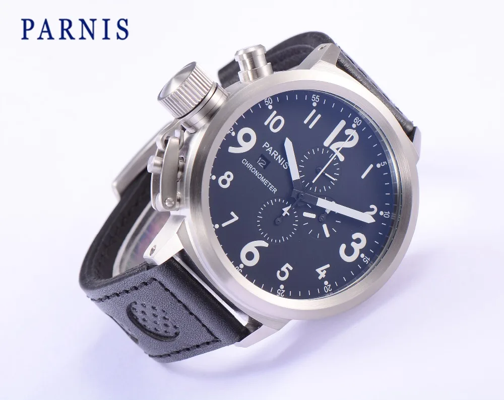 

50mm Men Watch Parnis Quartz Watches Japan Movement Chronograph Auto Date Black Dial White Numbers Free Shipping