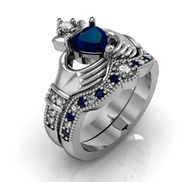 High Quality Accent Blue Shire Heart Cubic Zirconia Wedding High Quality Accent Blue Shire Heart Cubic Zirconia Wedding Promise Ring Set Irish Claddagh