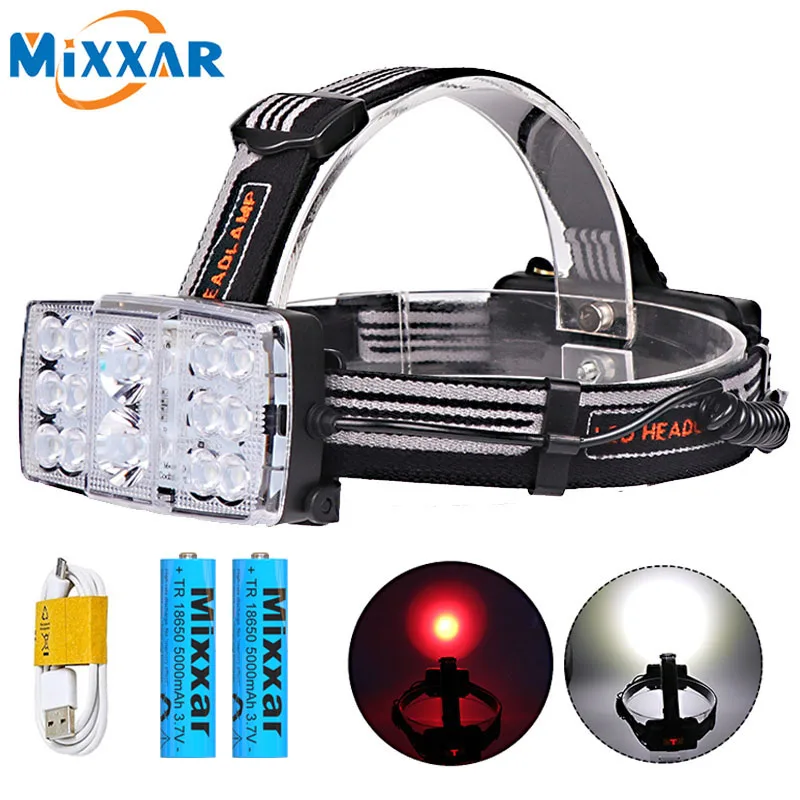 

Dropshipping 14 LED Headlamp USB Rechargeable 18650 battery Camping Head Lamp Red Light Super bright Headlight hiking working