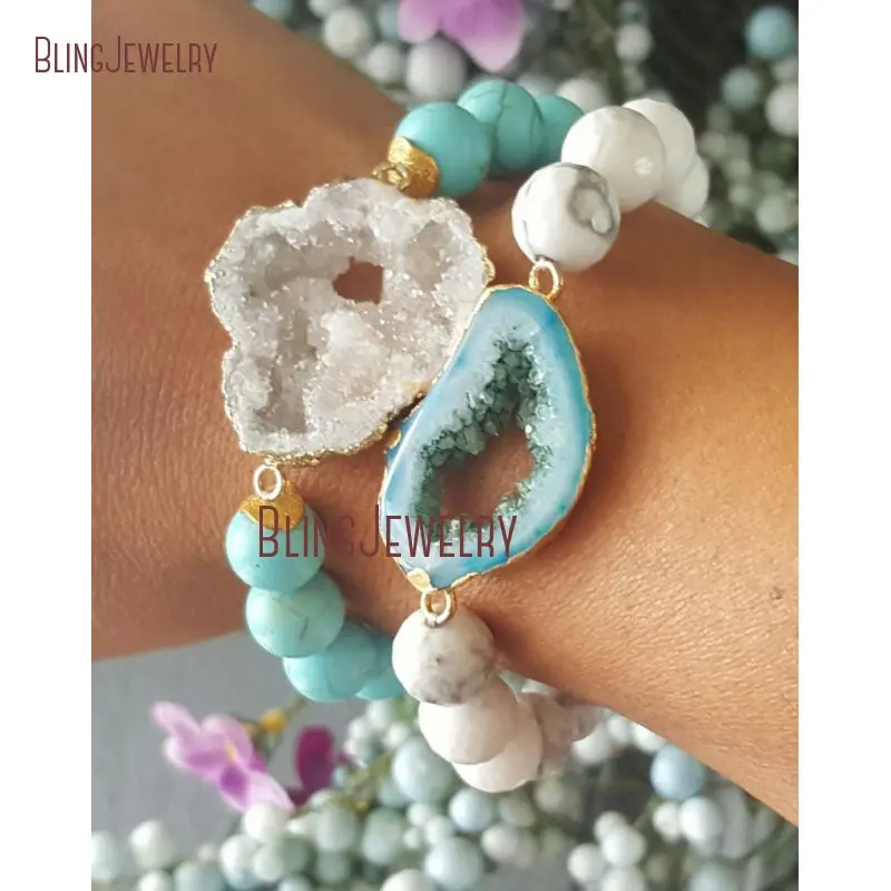 

Blue Agates Druzy White Marbled Howlite Bracelet White Druzy Geode Turquoises Howlite Gold Discs Bracelet BM10751