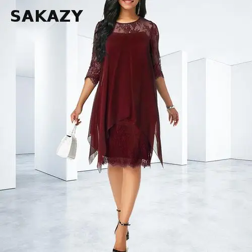 

Summer Plus Size 5xl Chiffon Dresses Women Casual Elegant Chiffon Sleeve Stitching Irregular Hem Lace Long Maxi Dress Vestidos
