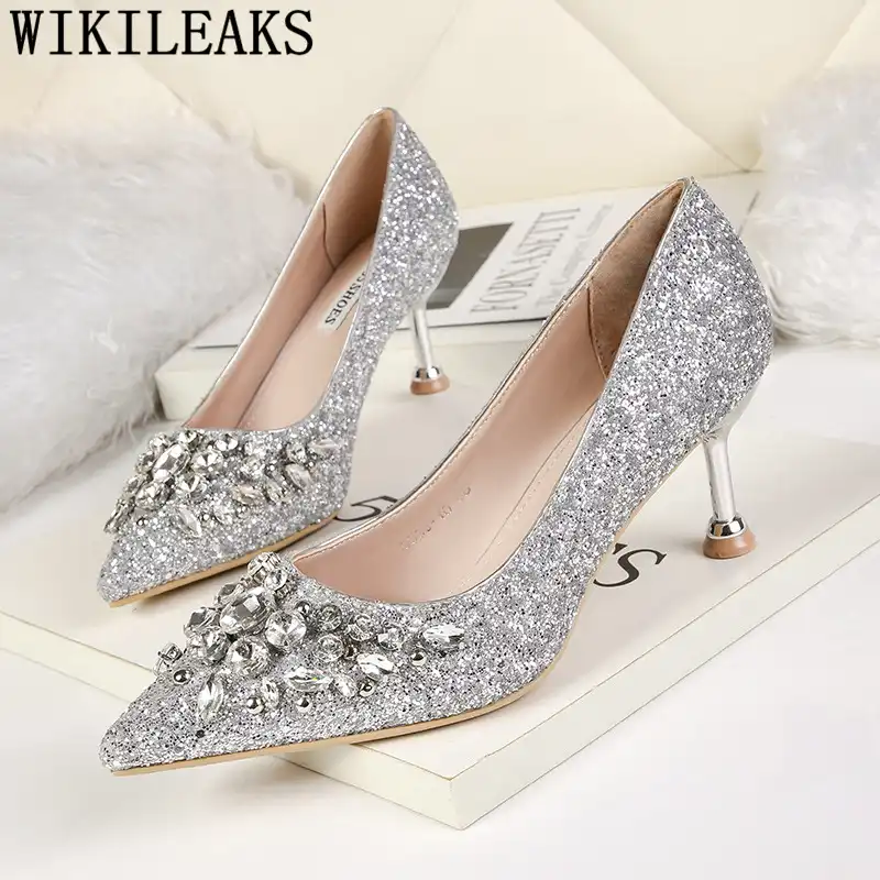 Wedding Shoes Bride Glitter Heels Crystal Shoes Black Pumps