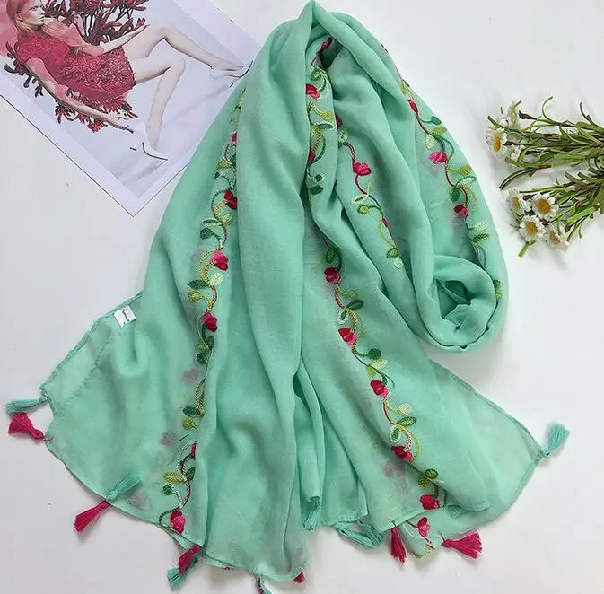 Вышивка кисточкой шарф красочный цветочный 180*90 см сплошной цвет с вышивкой цветка шарф хиджаб шаль 8 видов цветов 10 шт./лот