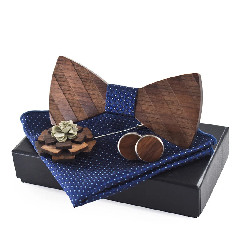 

3D Stripe Pattern Wooden Bow Tie Set Cufflinks Boutonniere Handkerchief Set Business Butterfly Cravat Party Ties For Men
