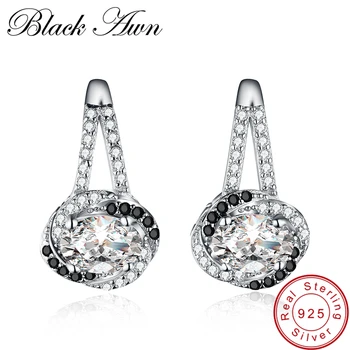 

[BLACK AWN] Genuine 925 Sterling Silver Earrings Black Spinel Stone Wedding Stud Earrings for Women Silver 925 Jewelry T110