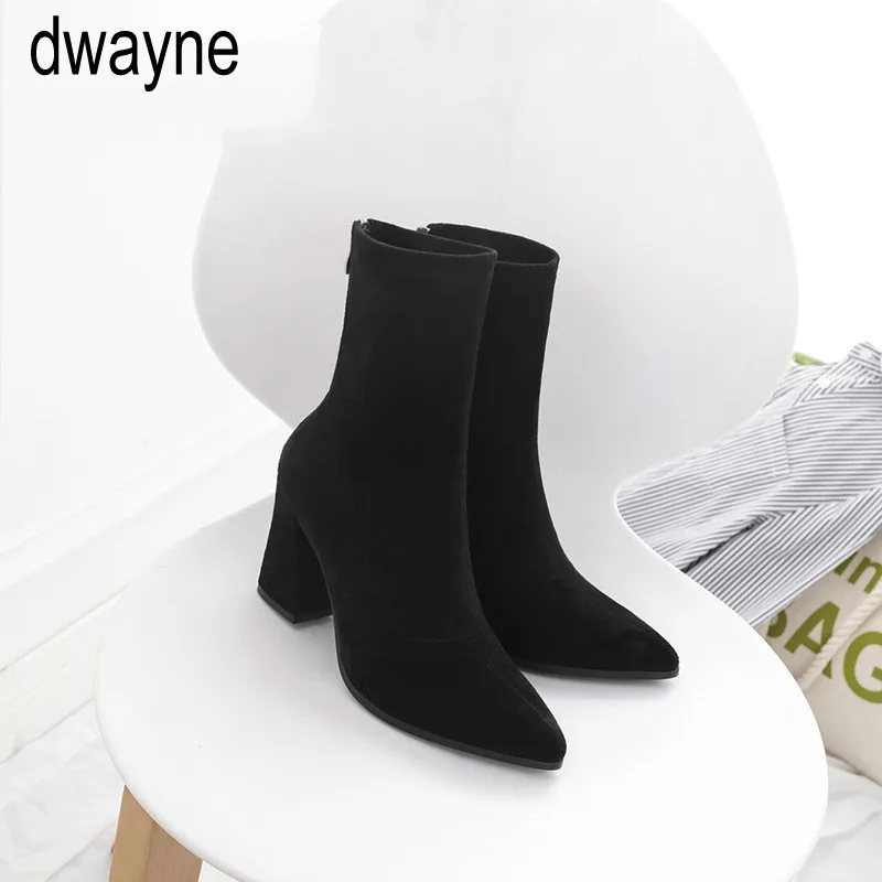 

Shoes Women's Boots Pointed Toe Yarn Elastic Ankle Boots Thick Heel High Heels Shoes Woman Female Socks Boots 2019