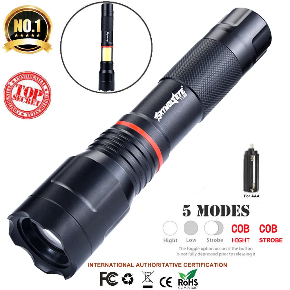 

T6+COB Tactical Military LED Flashlight Torch Zoomable 5-Mode For 18650 800-1000LM 0-1000 Meters 100,000 Hours #5S13