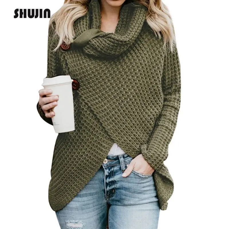 

SHUJIN 2018 Autumn Winter Warm Turtleneck Sweater Women Long Sleeve Scarf Collar Knitted Sweater Cardigan Female Jumpers