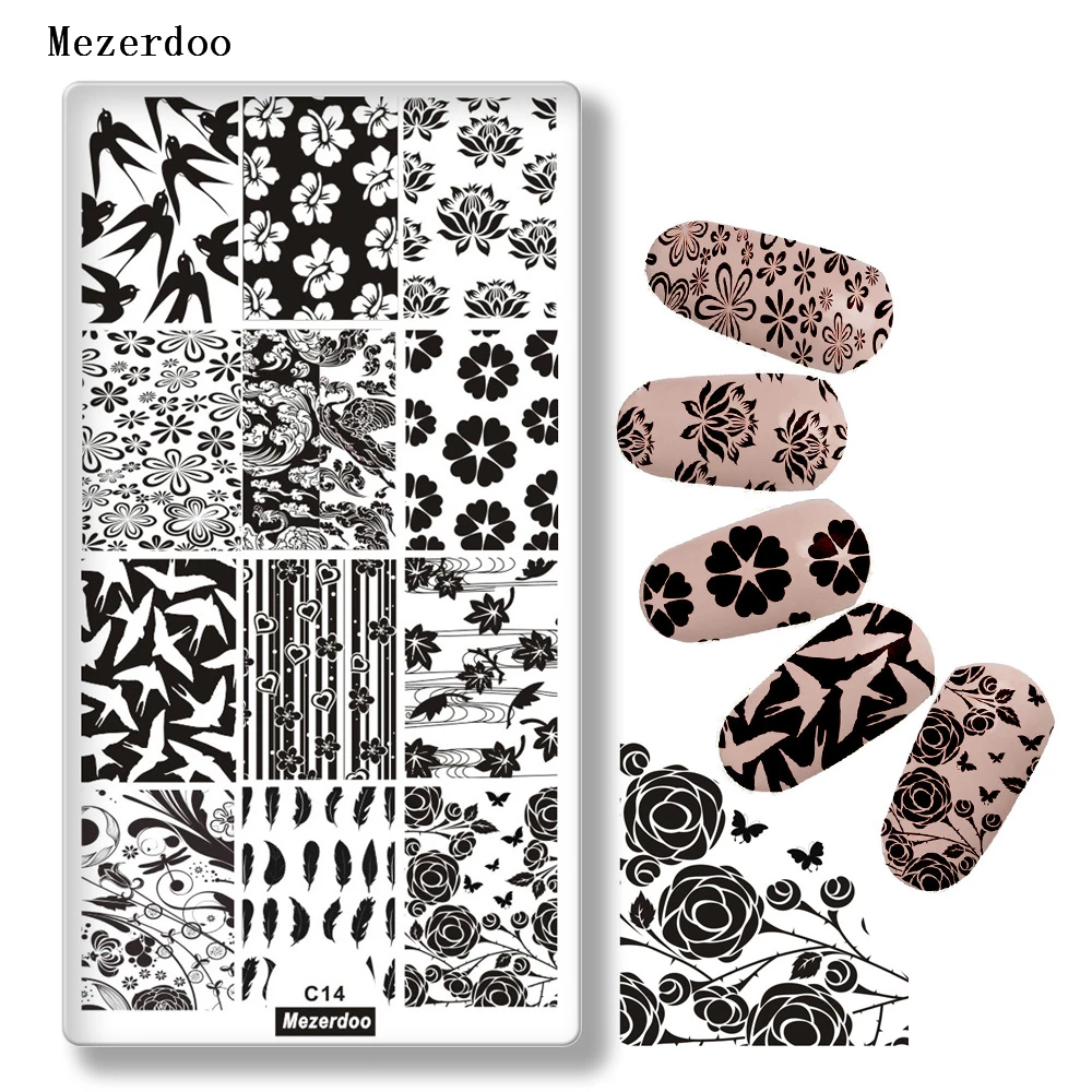 

Birds Feather Style Nail Art Stamp Template Image Plate Rose Happy Swallow Spring Coming Image Plate Stencil Manicure Tools C14